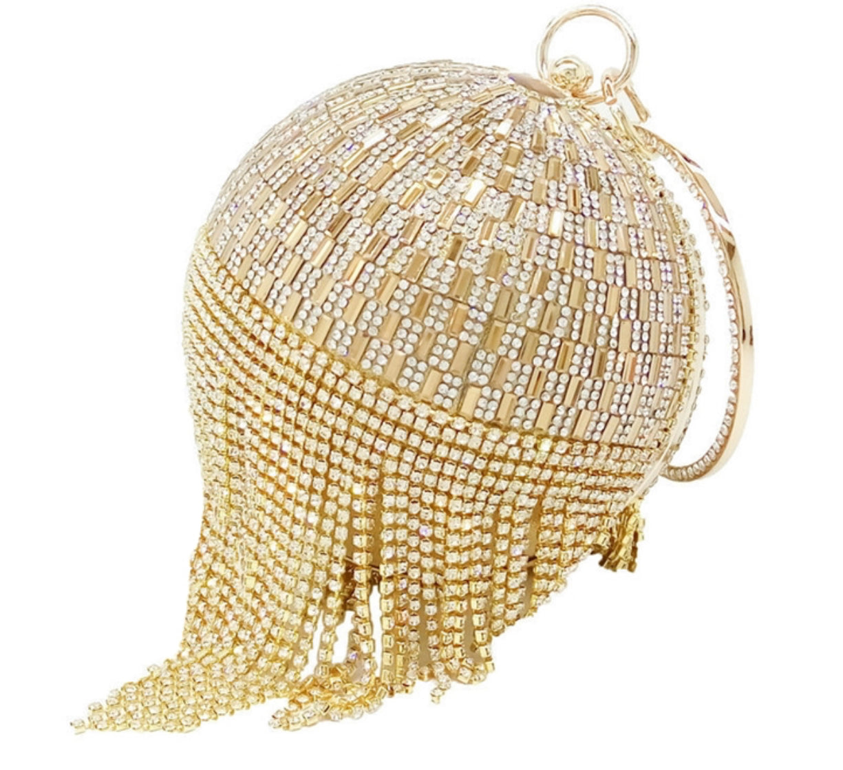 Close-up of the sparkling rhinestone tassels on the gold luxury clutch.