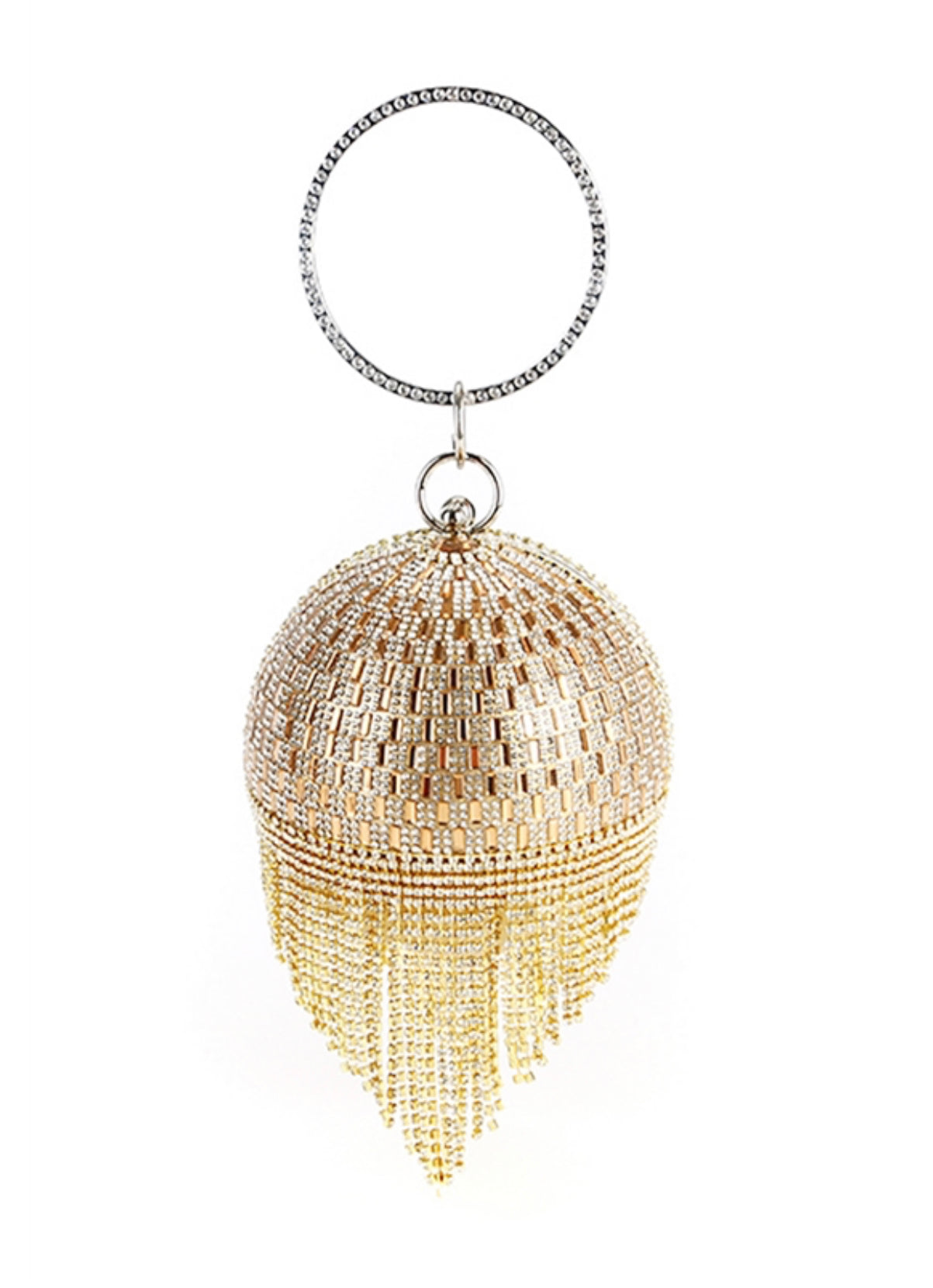 Gold evening bag with rhinestone tassels, perfect for formal occasions.