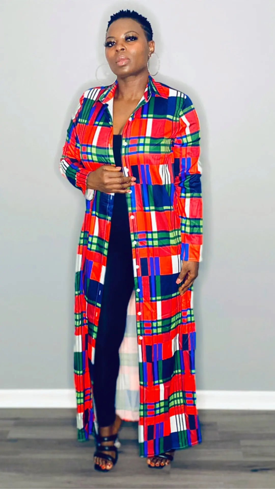Red long sleeve maxi shirt dress styled for both formal and casual occasions