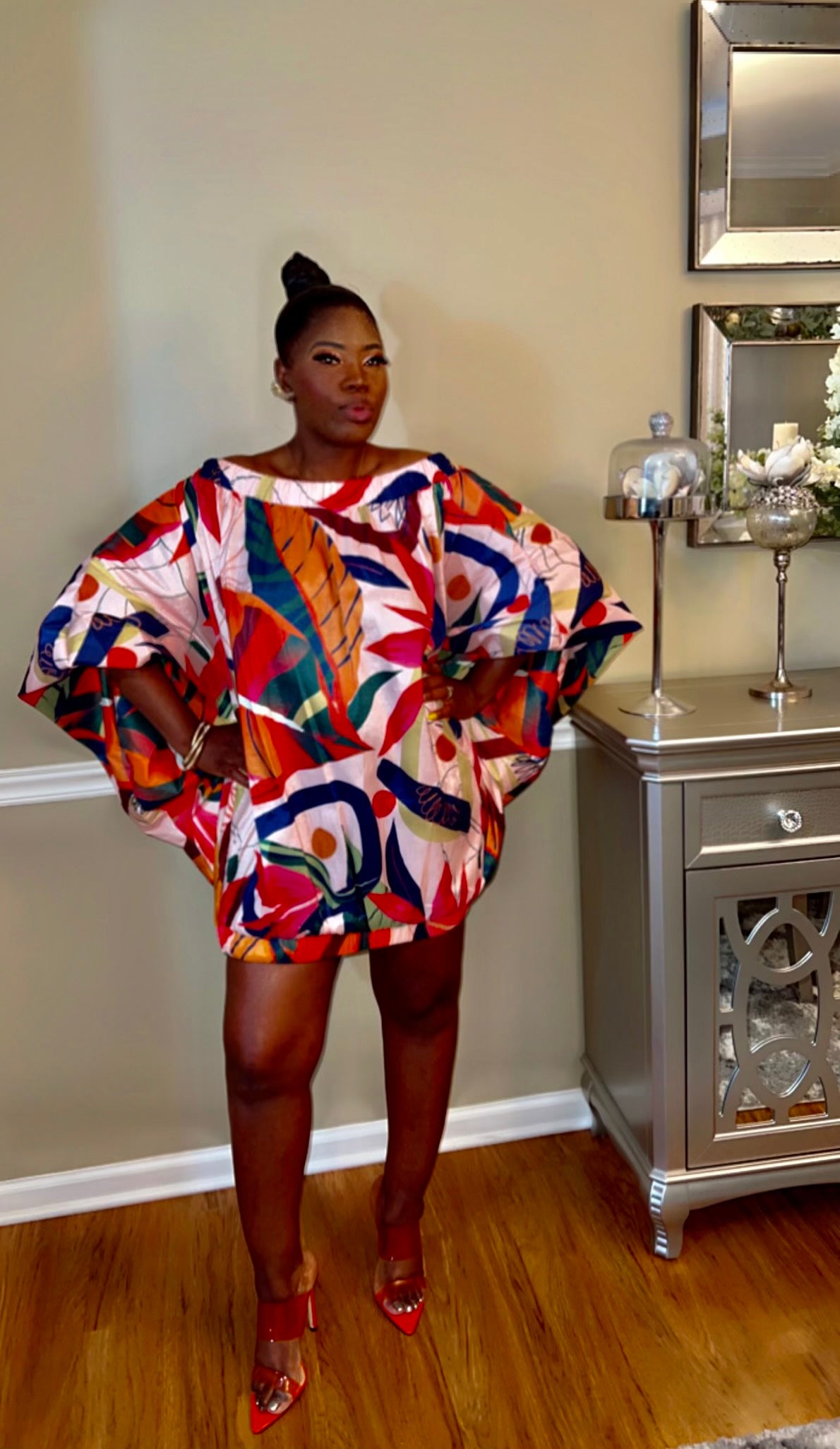 Full-length view of the mini shirt dress styled with Heals for a party look