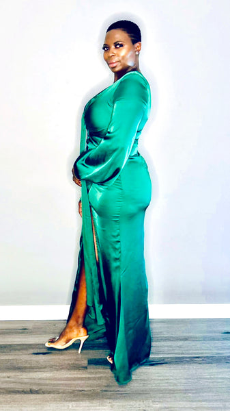 Front Twist Satin Dress Long Sleeve Satin Maxi in Emerald Green Medium / Satin / Emerald Front Twist Satin Dress Long Sleeve Satin Maxi in Emerald Green Medium / Satin / Emerald