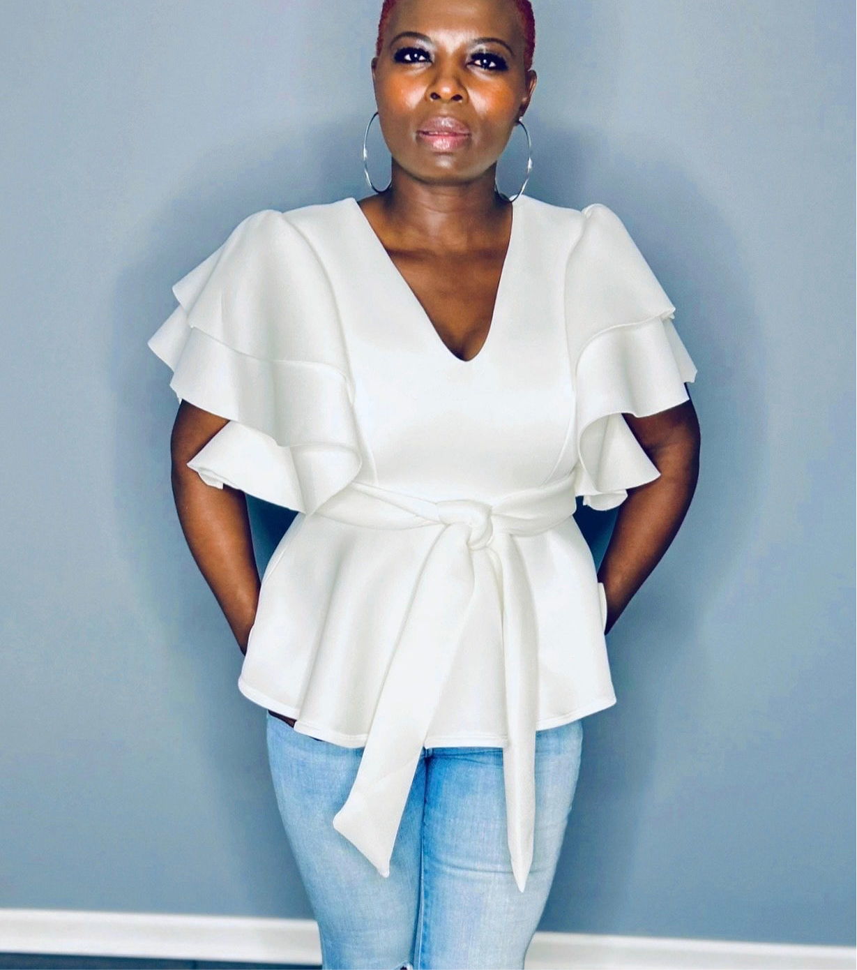 Short Ruffle Sleeve V Neck Top with Waist Tie