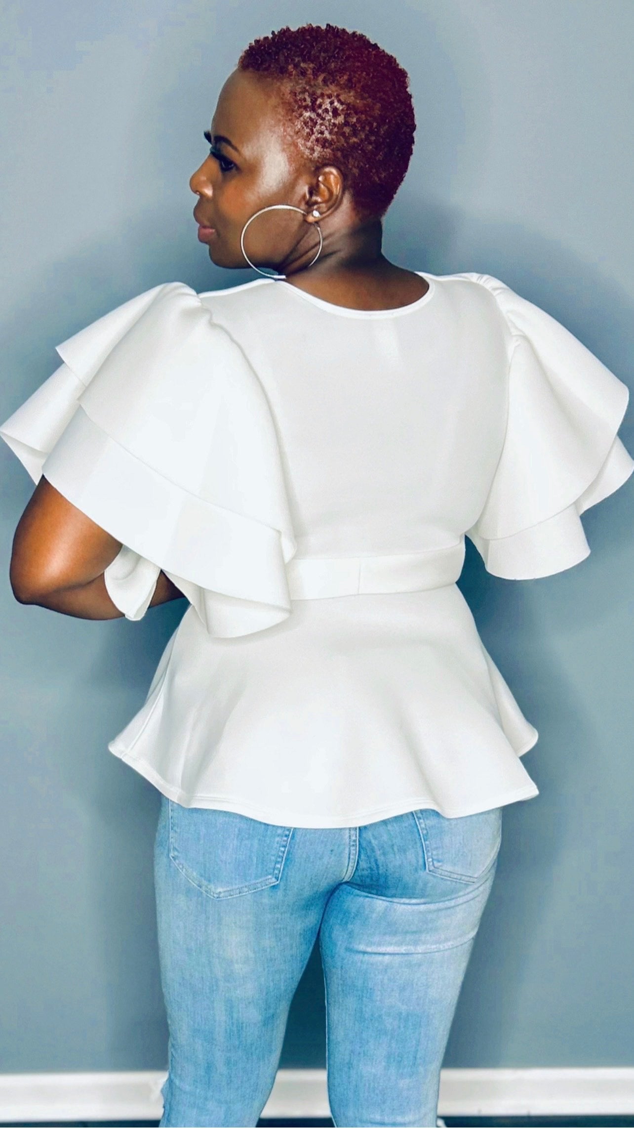 Short Ruffle Sleeve V Neck Top with Waist Tie